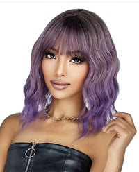 Short Wavy Wig with Ombre Purple Bangs