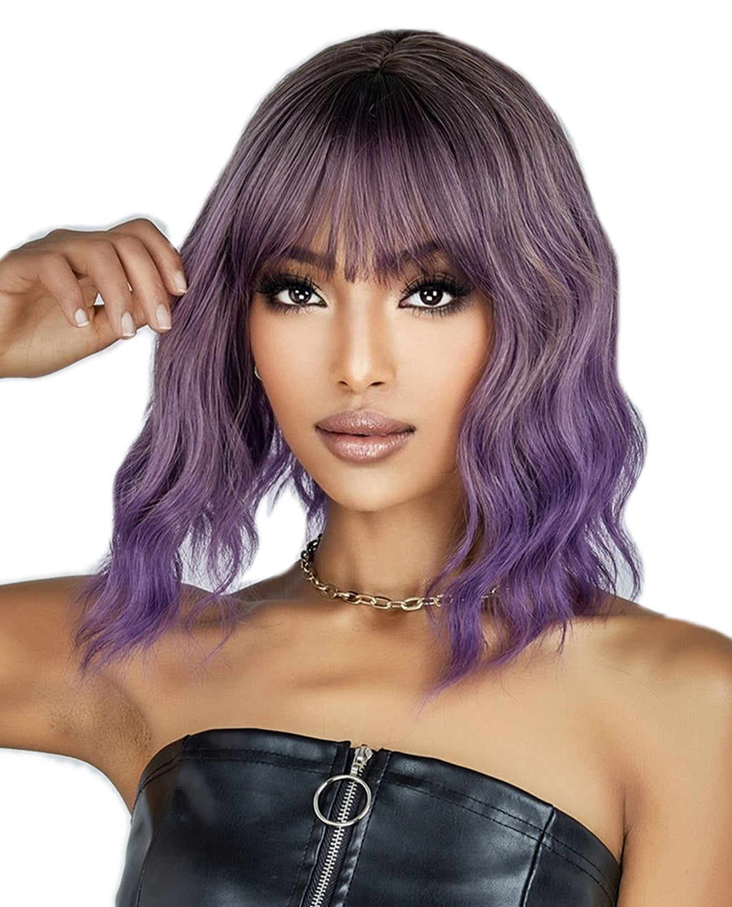 Short Wavy Wig with Ombre Purple Bangs