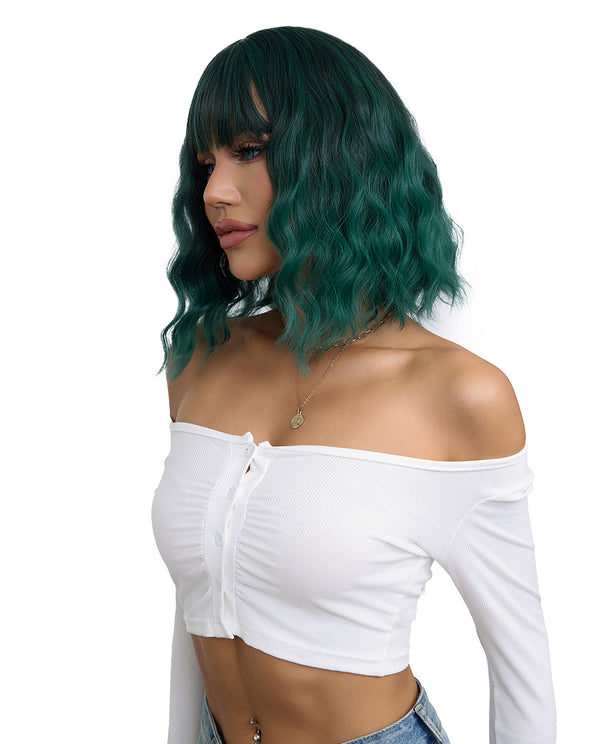 Short Wavy Synthetic Wig with Ombre Green Bangs - ABHAIR