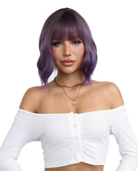 Short Wavy Wig with Ombre Purple Bangs