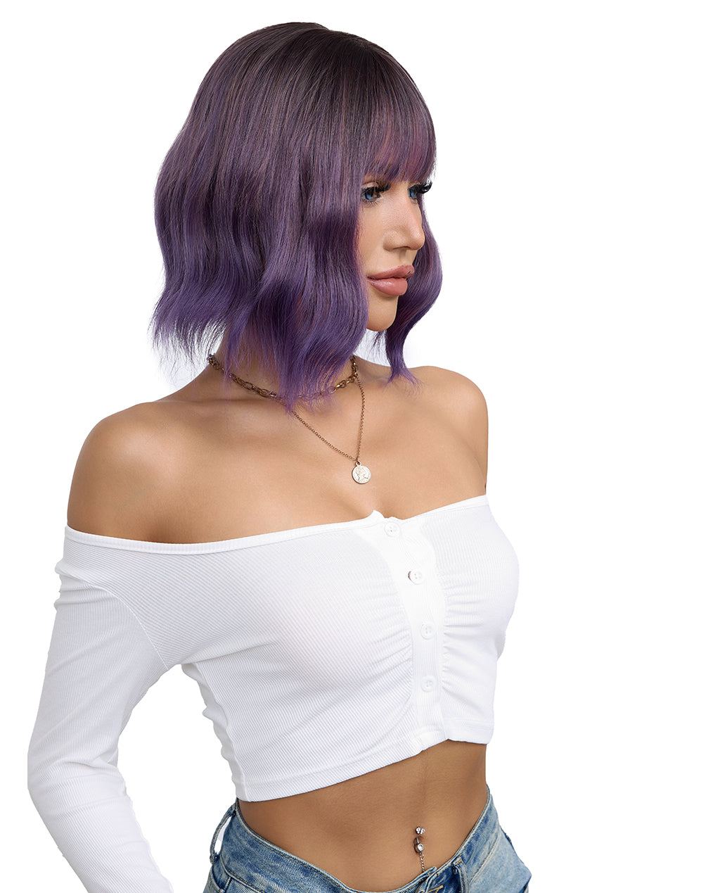 Short Wavy Wig with Ombre Purple Bangs