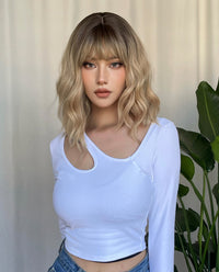 Short Wavy Synthetic Wig With Bangs - Ombre Blonde - ABHAIR