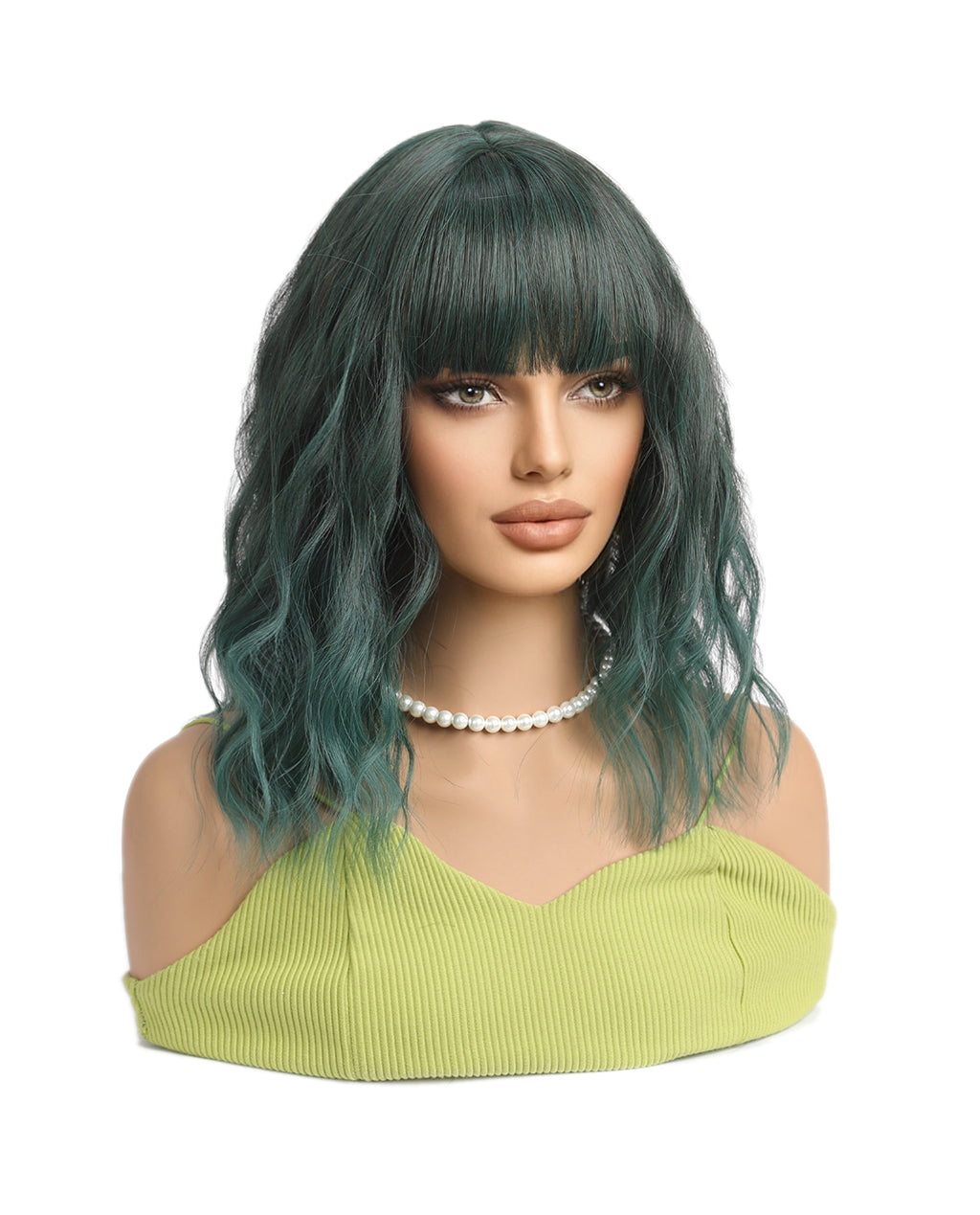 Short Wavy Synthetic Wig with Ombre Green Bangs for a Trendy Look