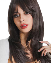 Sleek Long Straight Brown Cosplay Wig with Bangs