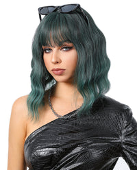 Short Wavy Synthetic Wig with Ombre Green Bangs for a Trendy Look