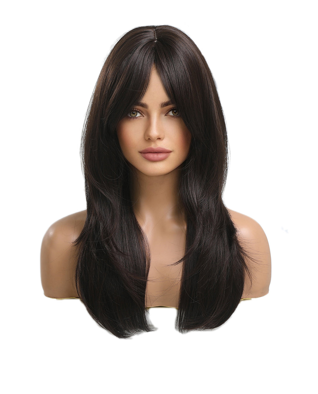 Sleek Long Straight Brown Cosplay Wig with Bangs